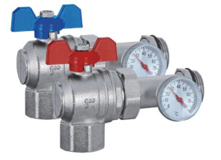 Полное наименование: Комплект угловых шаровых кранов TIM со сгоном и термометром 1