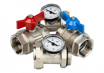 Комплект шаровых кранов Stout со сгоном и термометром 1" (2шт.)